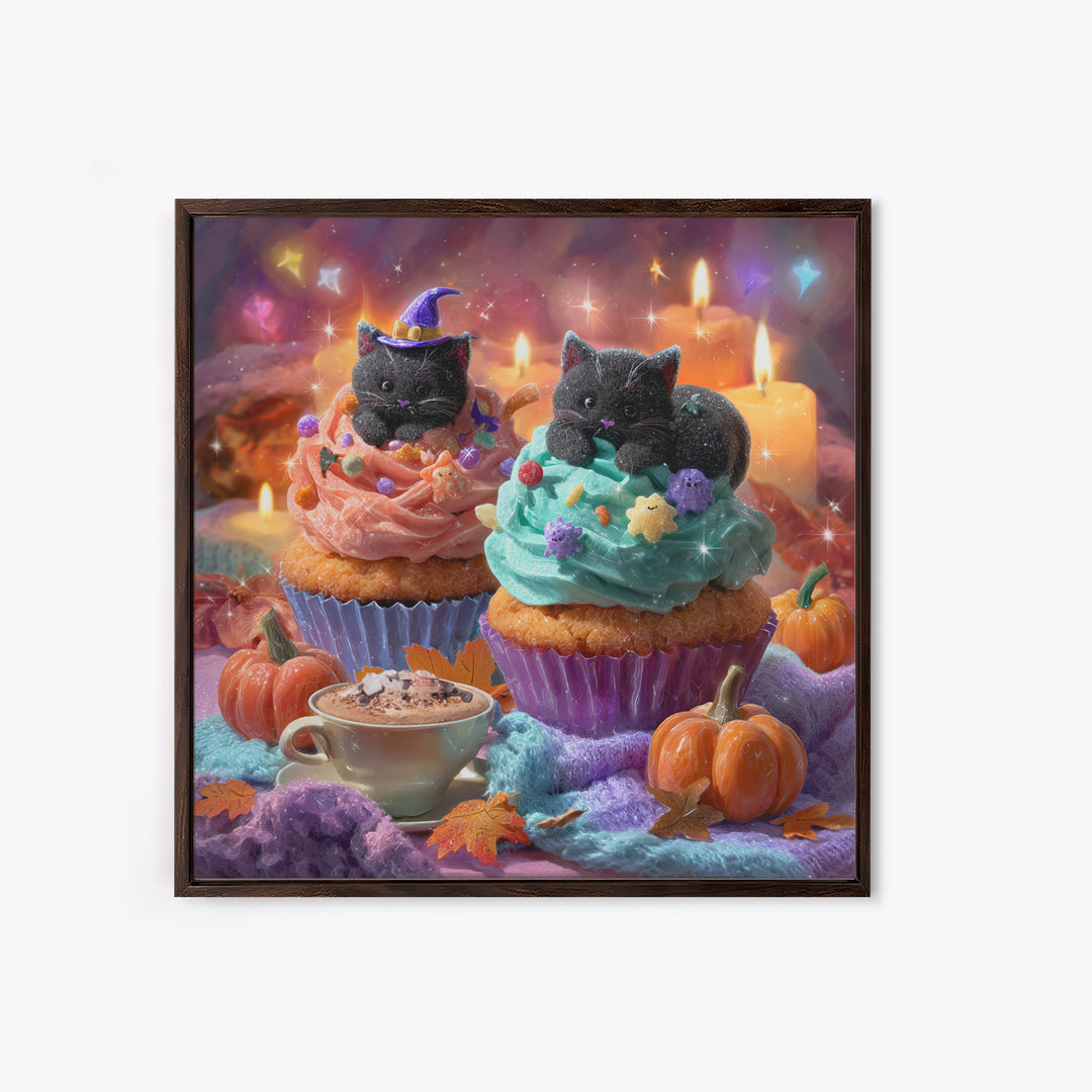 The Cupcake Costume Contest, Vaporwave Halloween Decor, Square Wall Art, Framed Canvas Print, Retro Halloween Decor, Neon Wall Art