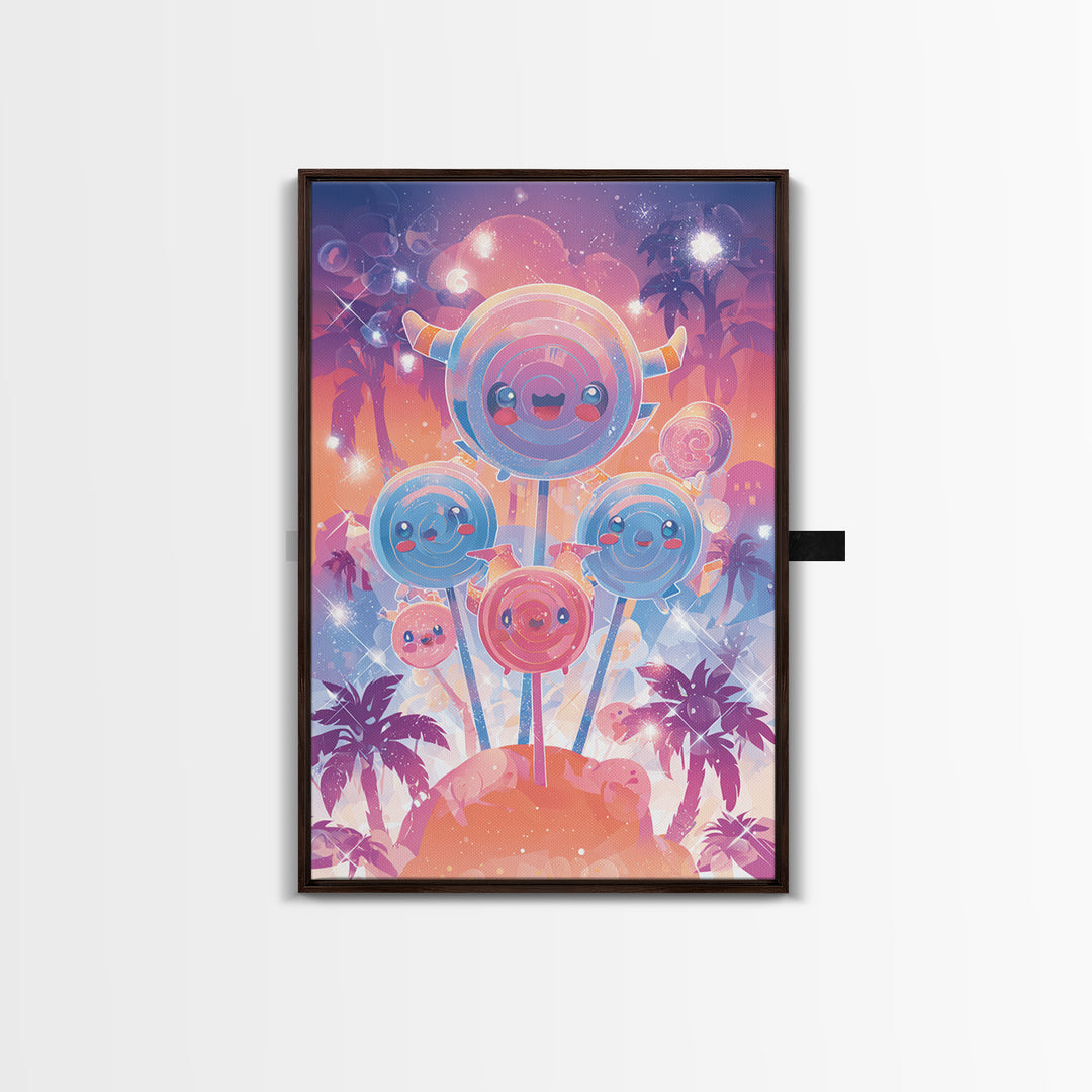 The Friendly Lollipop Monsters, Synthwave Halloween Art, Vertical Wall Art, Canvas Print, Retro Halloween Decor, Neon Wall Art