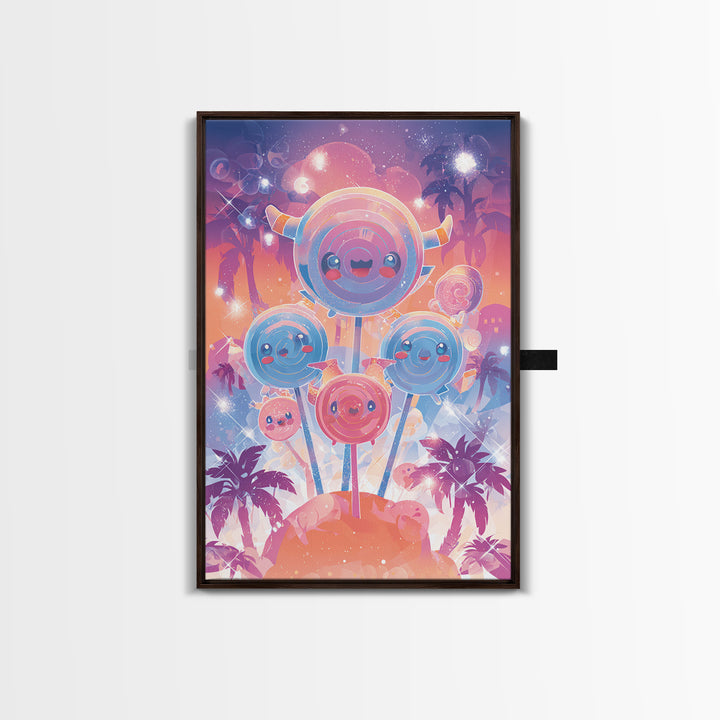 The Friendly Lollipop Monsters, Synthwave Halloween Art, Vertical Wall Art, Canvas Print, Retro Halloween Decor, Neon Wall Art