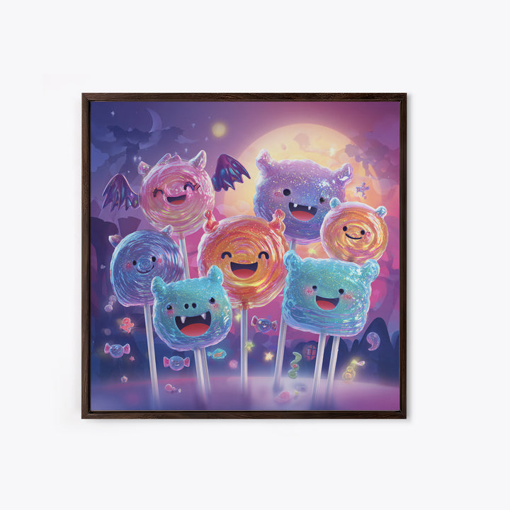 The Friendly Lollipop Monsters, Retro Neon Halloween Art, Square Wall Art, Framed Canvas Print, Retro Halloween Decor, Neon Wall Art