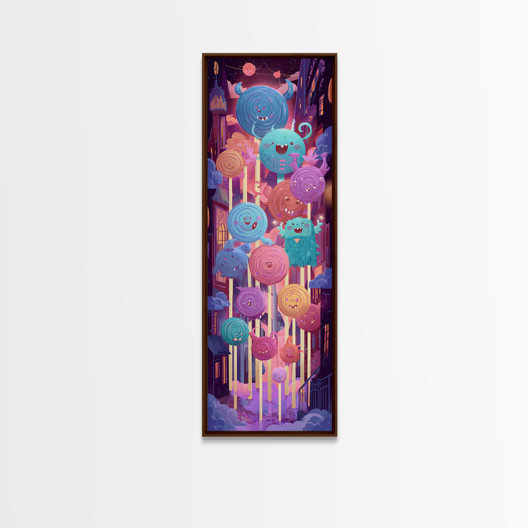 The Friendly Lollipop Monsters, Cute Spooky Neon Art, Tall Narrow Wall Art, Framed Canvas Print, Retro Halloween Decor, Neon Wall Art