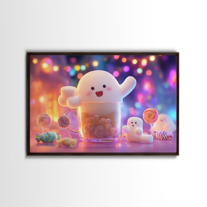 The Marshmallow Ghost Choir, Synthwave Halloween Art, Landscape Wall Art, Canvas Print, Retro Halloween Decor, Neon Wall Art