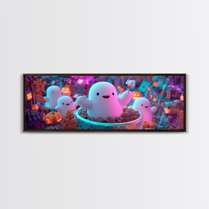The Marshmallow Ghost Choir, Synthwave Halloween Art, Extra Wide Wall Art, Framed Canvas Print, Retro Halloween Decor, Neon Wall Art