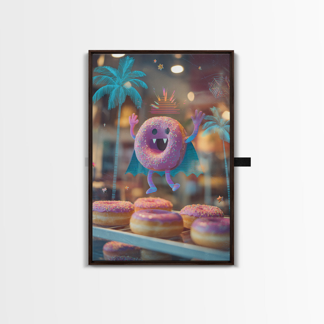 The Donut Vampire Family, Vaporwave Halloween Decor, Vertical Wall Art, Canvas Print, Retro Halloween Decor, Neon Wall Art, Macabre Wall Art
