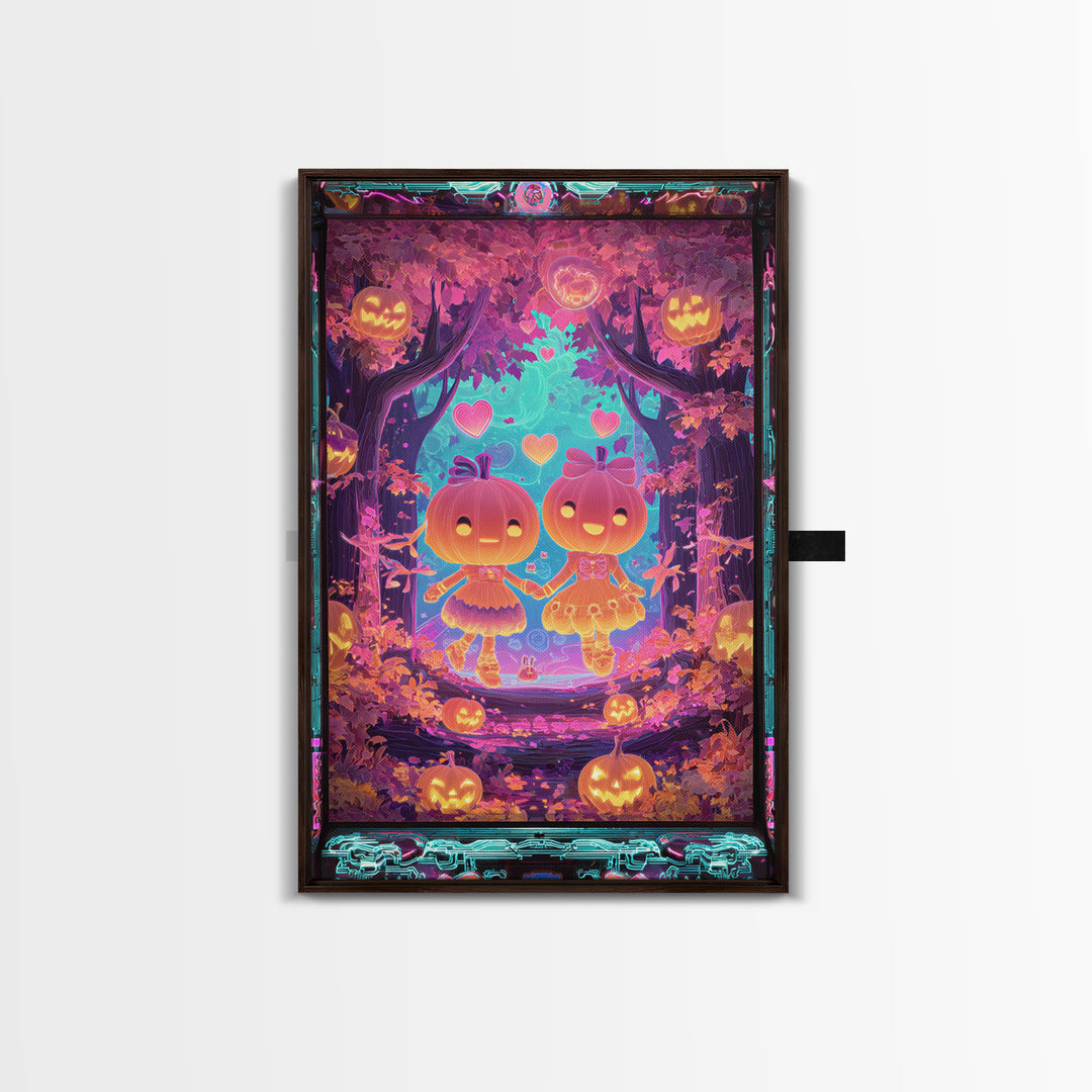 The Caramel Apple Friends, Synthwave Halloween Art, Vertical Wall Art, Framed Canvas Print, Retro Halloween Decor, Neon Wall Art