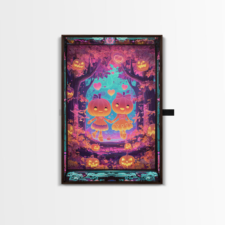 The Caramel Apple Friends, Synthwave Halloween Art, Vertical Wall Art, Framed Canvas Print, Retro Halloween Decor, Neon Wall Art
