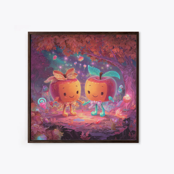 The Caramel Apple Friends, Cute Spooky Neon Art, Square Wall Art, Framed Canvas Print, Retro Halloween Decor, Neon Wall Art
