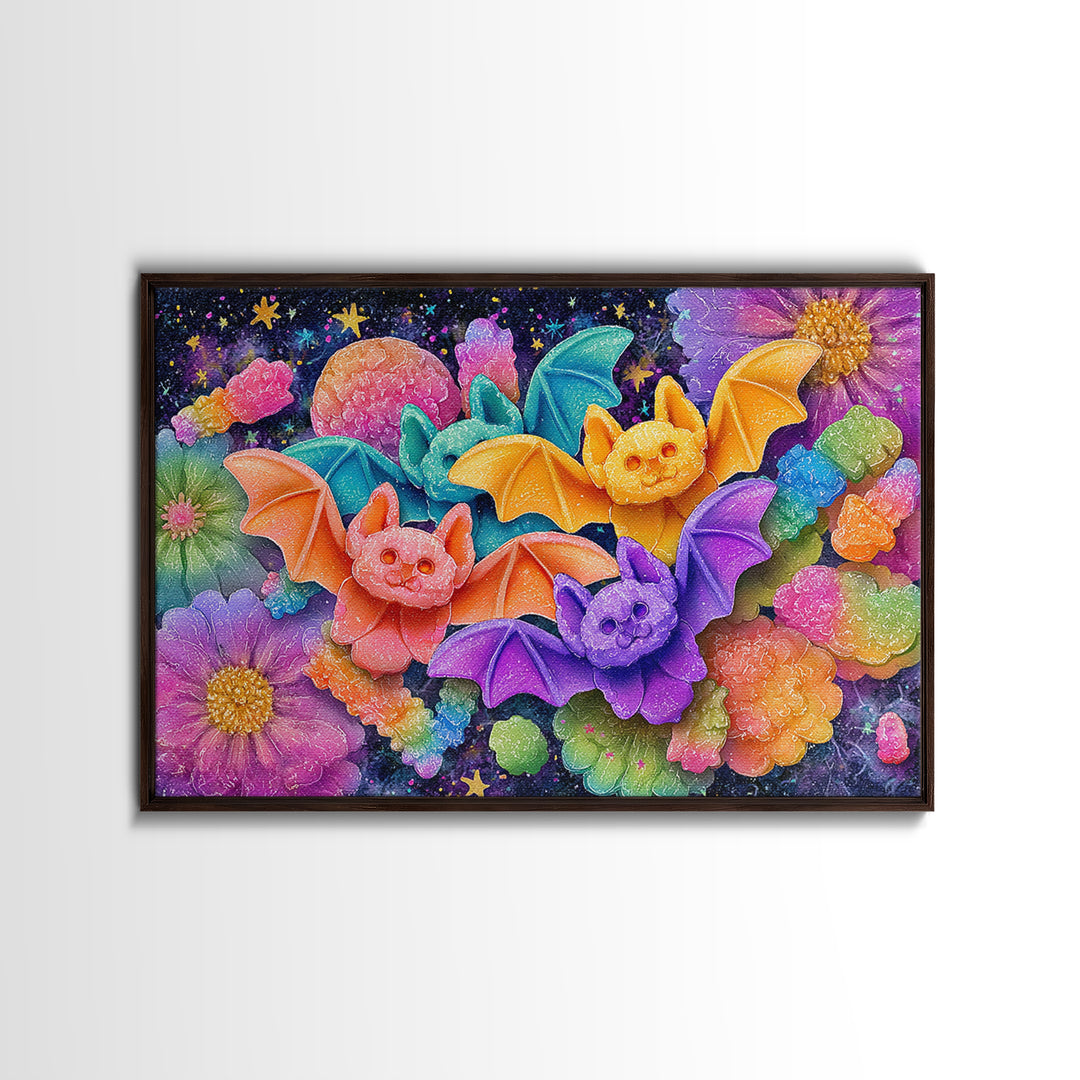 The Gummy Bat Garden, 80s Halloween Wall Art, Landscape Wall Art, Framed Canvas Print, Retro Halloween Decor, Neon Wall Art