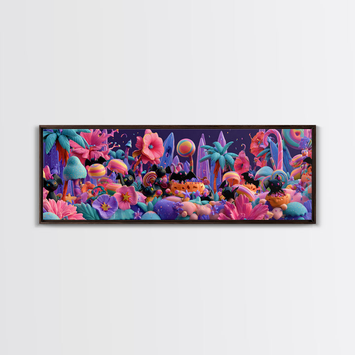 The Gummy Bat Garden, Cute Spooky Neon Art, Extra Wide Wall Art, Canvas Print, Retro Halloween Decor, Neon Wall Art, Horror Wall Art