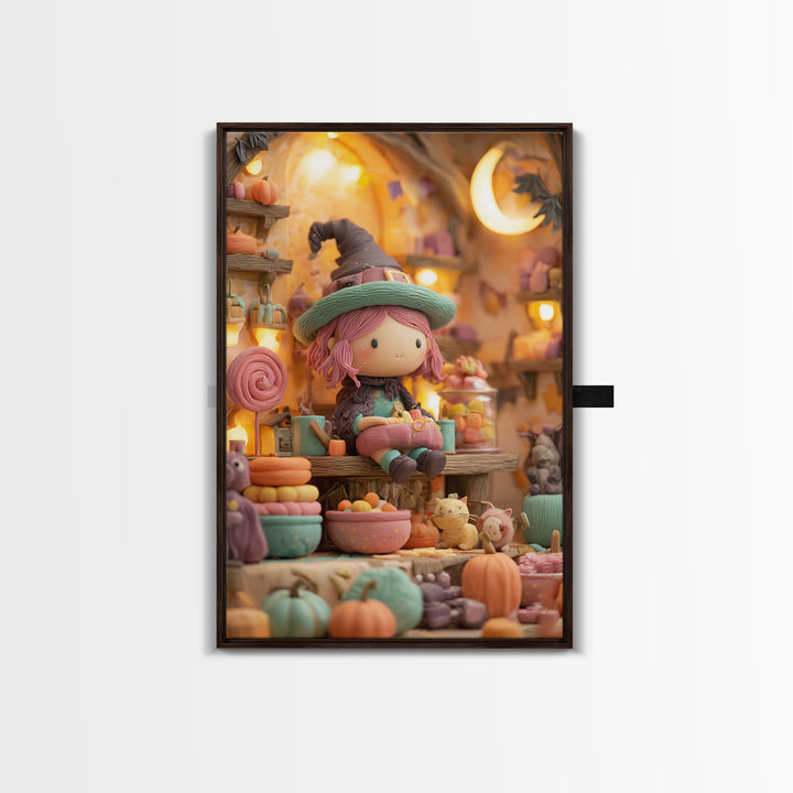 The Candy Witch'S Kitchen, Cute Spooky Neon Art, Vertical Wall Art, Framed Canvas Print, Retro Halloween Decor, Neon Wall Art
