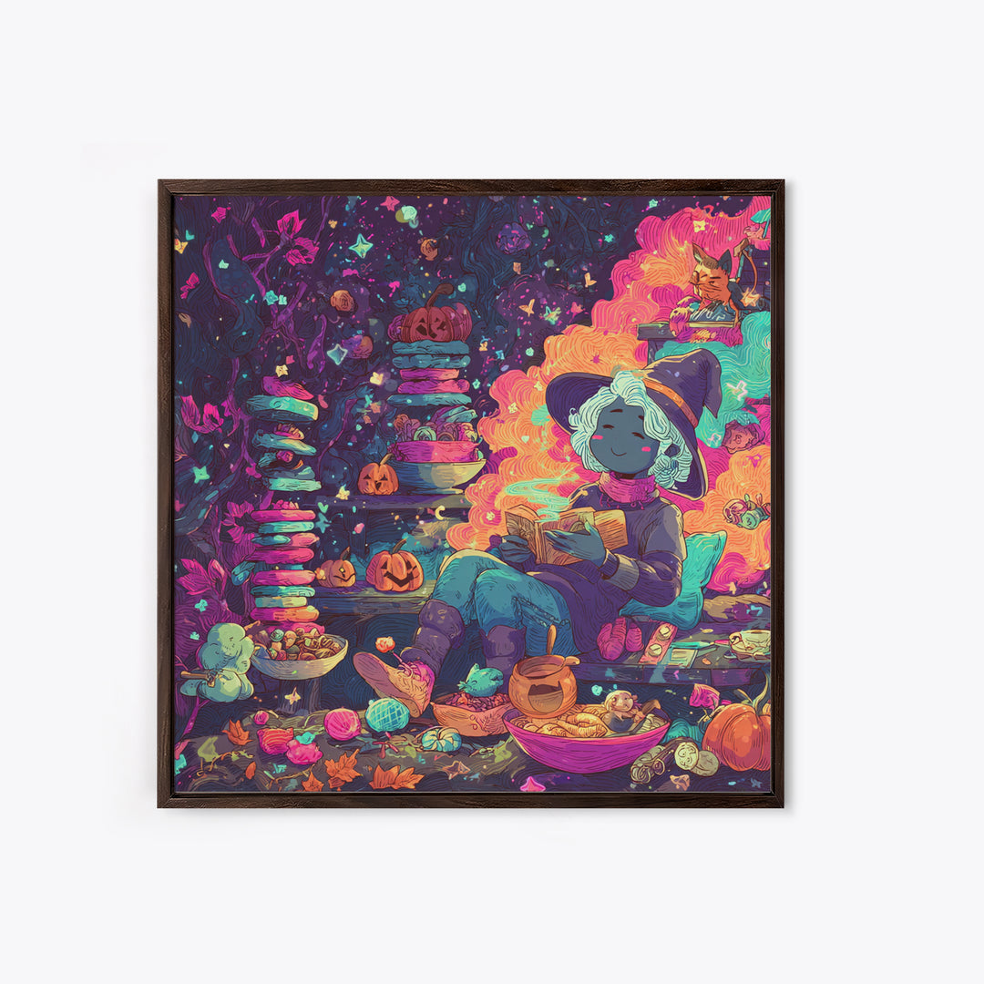 The Candy Witch'S Kitchen, Retro Neon Halloween Art, Square Wall Art, Canvas Print, Retro Halloween Decor, Neon Wall Art, Macabre Wall Art
