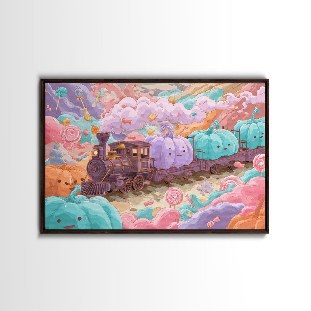 The Chocolate Pumpkin Train, 80s Halloween Wall Art, Landscape Wall Art, Framed Canvas Print, Retro Halloween Decor, Neon Wall Art