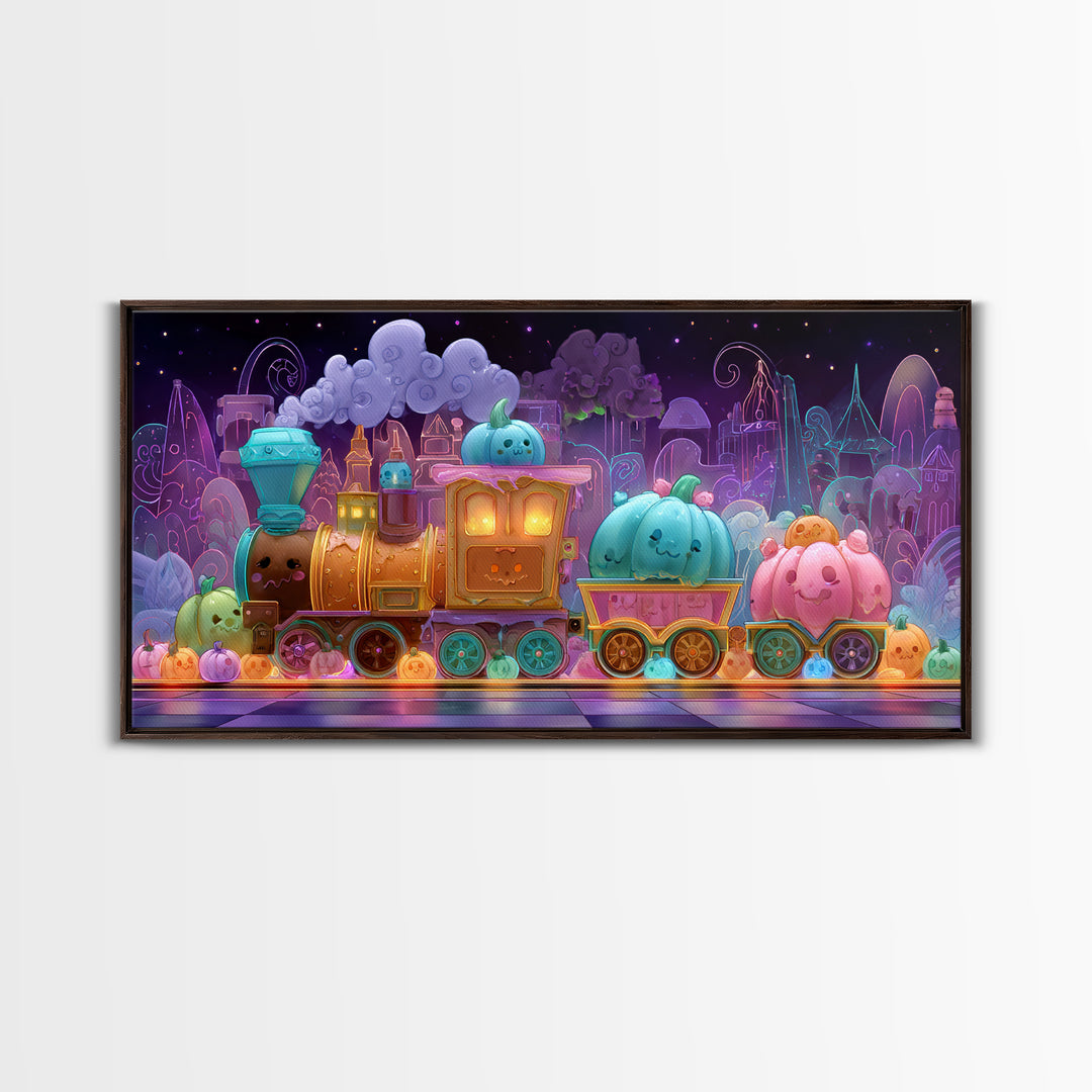 The Chocolate Pumpkin Train, 80s Halloween Wall Art, Wide Panoramic Art, Canvas Print, Retro Halloween Decor, Neon Wall Art