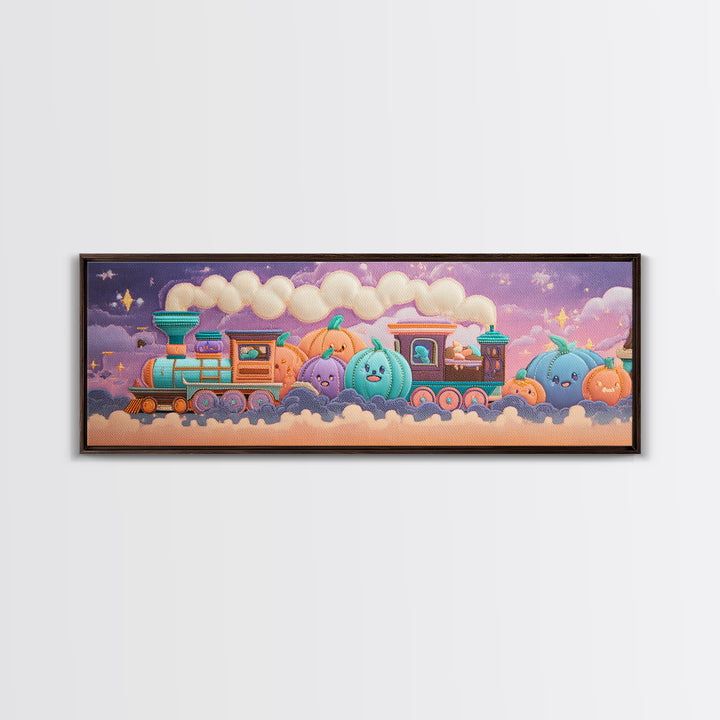 The Chocolate Pumpkin Train, 80s Halloween Wall Art, Extra Wide Wall Art, Framed Canvas Print, Retro Halloween Decor, Neon Wall Art