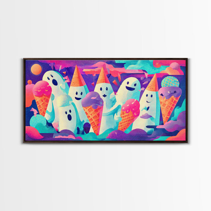 The Ice-Cream Ghost Parade, Vaporwave Halloween Decor, Wide Panoramic Art, Framed Canvas Print, Retro Halloween Decor, Neon Wall Art