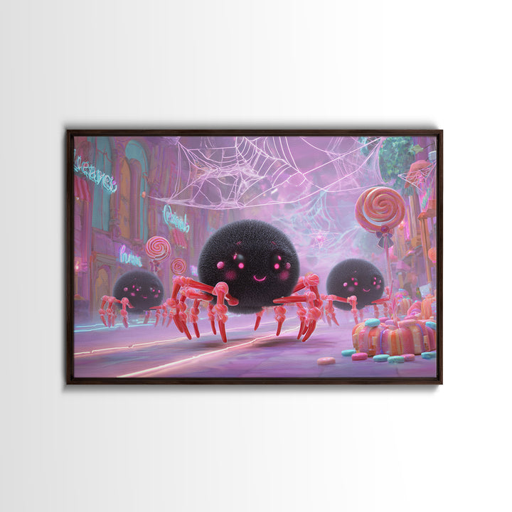 The Licorice Spider Family, Vaporwave Halloween Decor, Landscape Wall Art, Canvas Print, Retro Halloween Decor, Neon Wall Art