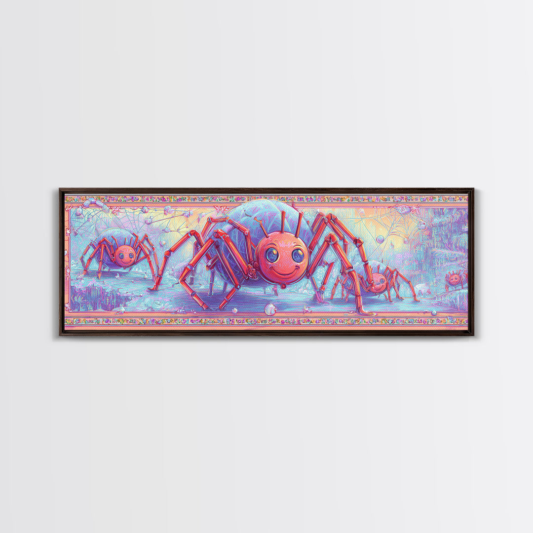 The Licorice Spider Family, Cute Spooky Neon Art, Extra Wide Wall Art, Framed Canvas Print, Retro Halloween Decor, Neon Wall Art