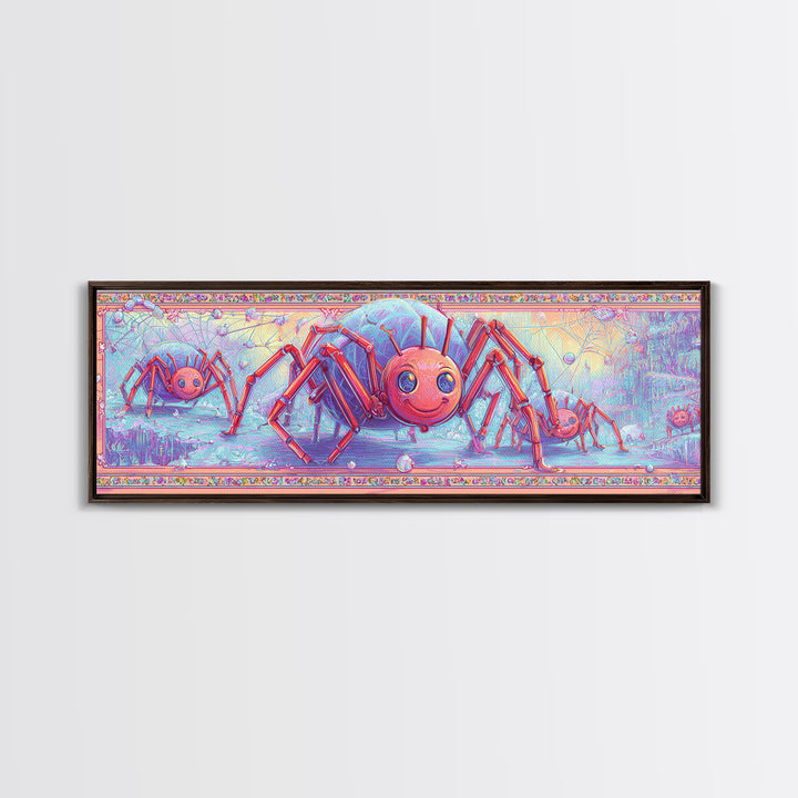 The Licorice Spider Family, Cute Spooky Neon Art, Extra Wide Wall Art, Framed Canvas Print, Retro Halloween Decor, Neon Wall Art