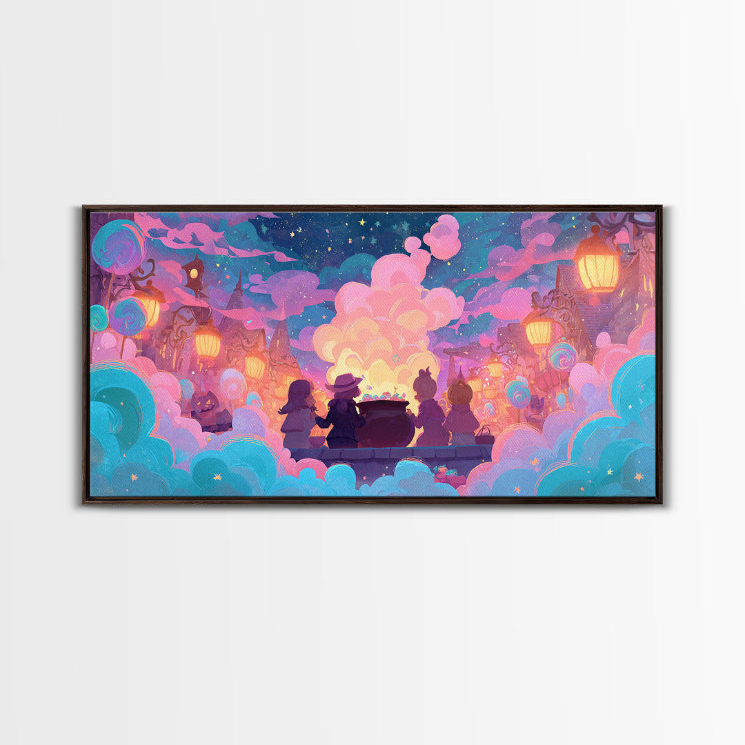 The Cotton-Candy Cauldron, Retro Neon Halloween Art, Wide Panoramic Art, Canvas Print, Retro Halloween Decor, Neon Wall Art