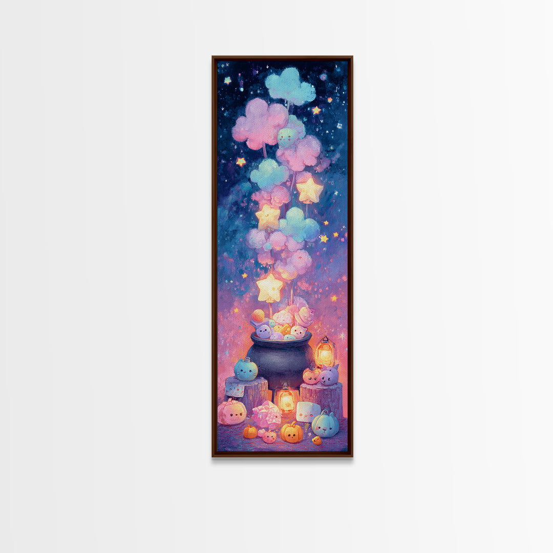 The Cotton-Candy Cauldron, Retro Neon Halloween Art, Tall Narrow Wall Art, Canvas Print, Retro Halloween Decor, Neon Wall Art