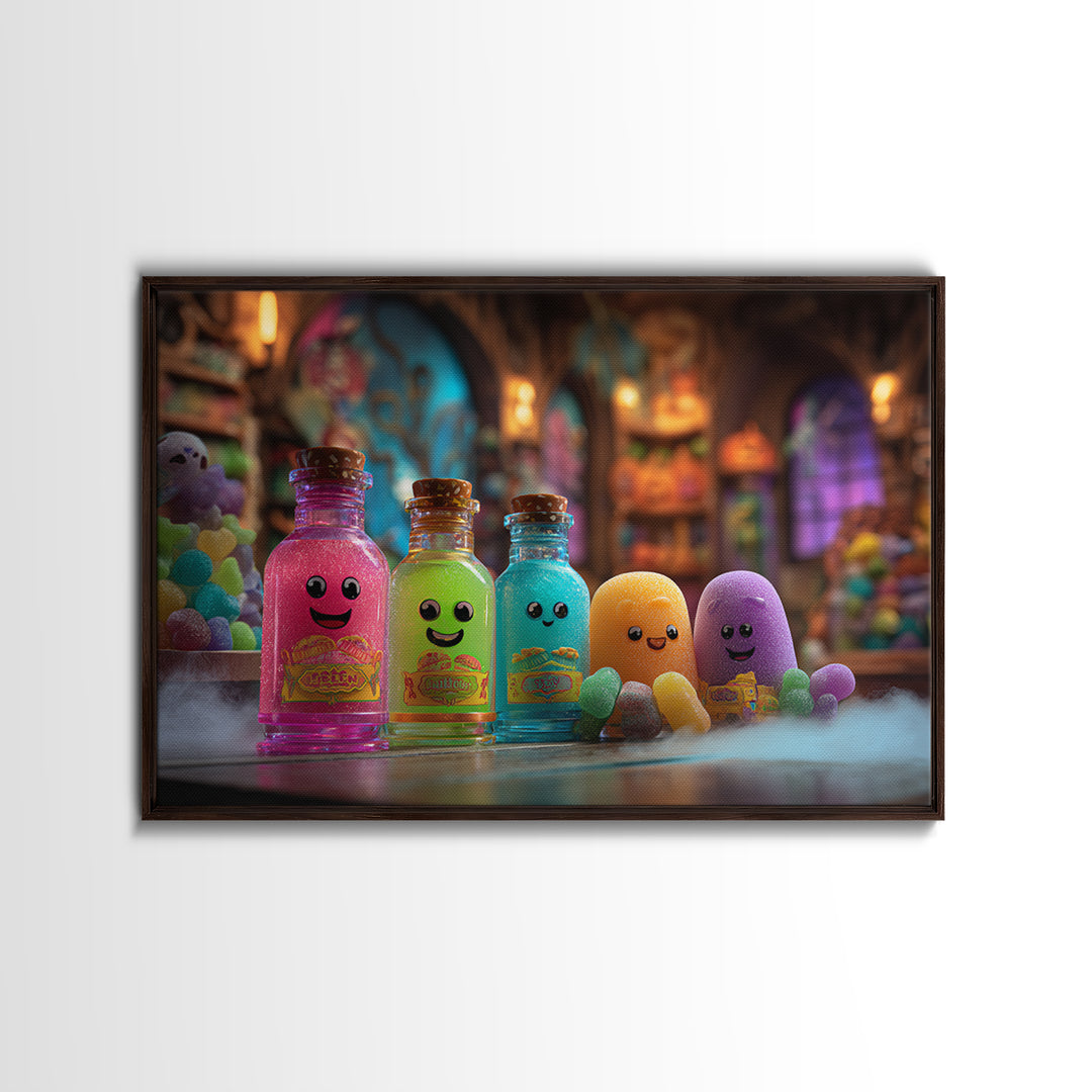 The Jellybean Potion Shop, Retro Neon Halloween Art, Landscape Wall Art, Canvas Print, Retro Halloween Decor, Neon Wall Art