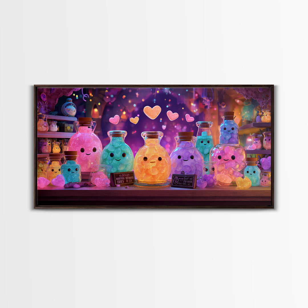 The Jellybean Potion Shop, Cute Spooky Neon Art, Wide Panoramic Art, Canvas Print, Retro Halloween Decor, Neon Wall Art, Statement Wall Art