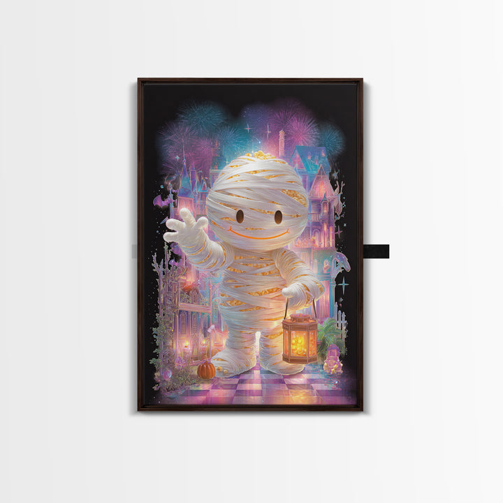 The Popcorn Mummy, Cute Spooky Neon Art, Vertical Wall Art, Framed Canvas Print, Retro Halloween Decor, Neon Wall Art, Spooky Wall Decor