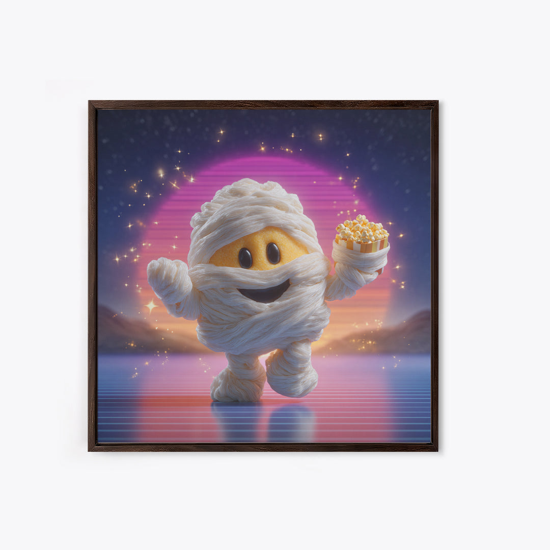 The Popcorn Mummy, 80s Halloween Wall Art, Square Wall Art, Canvas Print, Retro Halloween Decor, Neon Wall Art, Macabre Wall Art