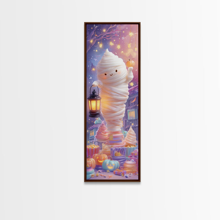The Popcorn Mummy, Cute Spooky Neon Art, Tall Narrow Wall Art, Canvas Print, Retro Halloween Decor, Neon Wall Art, Dark Fantasy Art