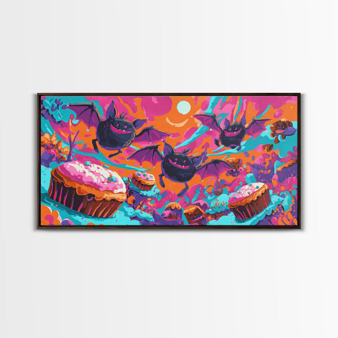 The Brownie Bat Bakery, Cute Spooky Neon Art, Wide Panoramic Art, Framed Canvas Print, Retro Halloween Decor, Neon Wall Art