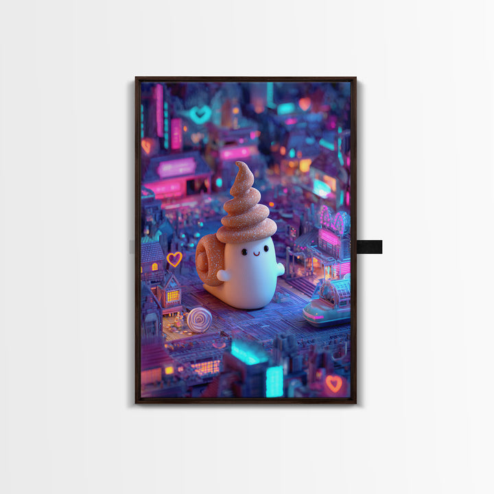The Cinnamon-Roll Snail Witch, Retro Neon Halloween Art, Vertical Wall Art, Framed Canvas Print, Retro Halloween Decor, Neon Wall Art