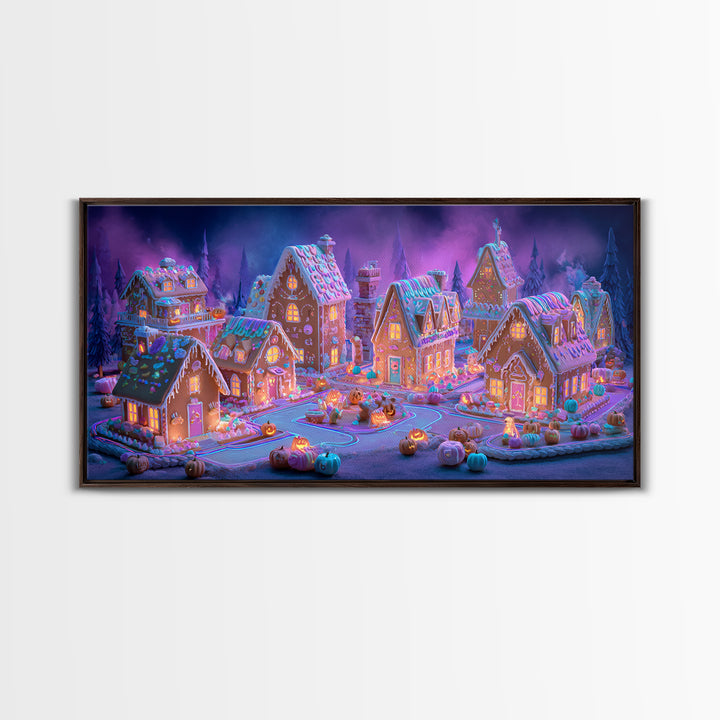 The Halloween Gingerbread Village, Retro Neon Halloween Art, Wide Panoramic Art, Framed Canvas Print, Retro Halloween Decor, Neon Wall Art