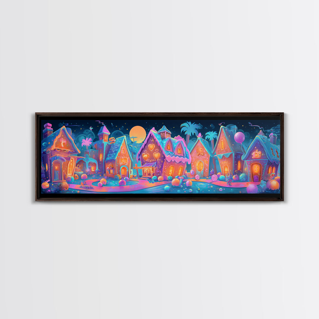 The Halloween Gingerbread Village, Retro Neon Halloween Art, Extra Wide Wall Art, Framed Canvas Print, Retro Halloween Decor, Neon Wall Art