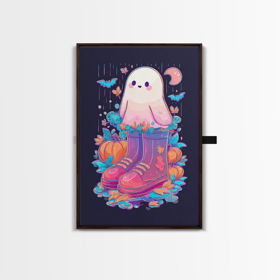 The Ghost In Rain Boots, Synthwave Halloween Art, Vertical Wall Art, Canvas Print, Retro Halloween Decor, Neon Wall Art