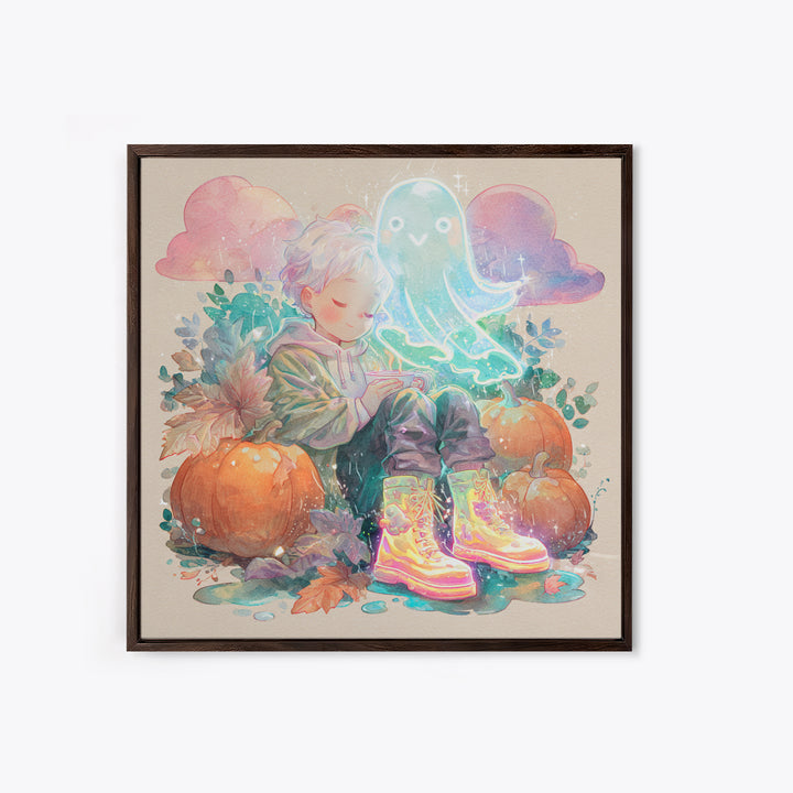 The Ghost In Rain Boots, Cute Spooky Neon Art, Square Wall Art, Framed Canvas Print, Retro Halloween Decor, Neon Wall Art
