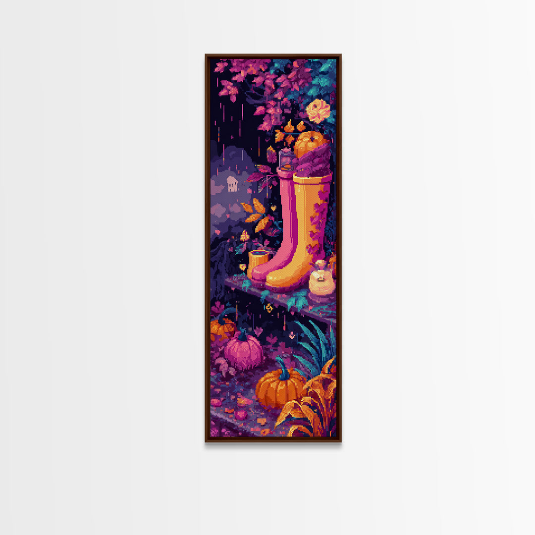 The Ghost In Rain Boots, Retro Neon Halloween Art, Tall Narrow Wall Art, Canvas Print, Retro Halloween Decor, Neon Wall Art