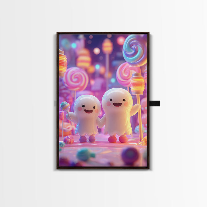 The Ghost Balloon Friend, Cute Spooky Neon Art, Vertical Wall Art, Framed Canvas Print, Retro Halloween Decor, Neon Wall Art