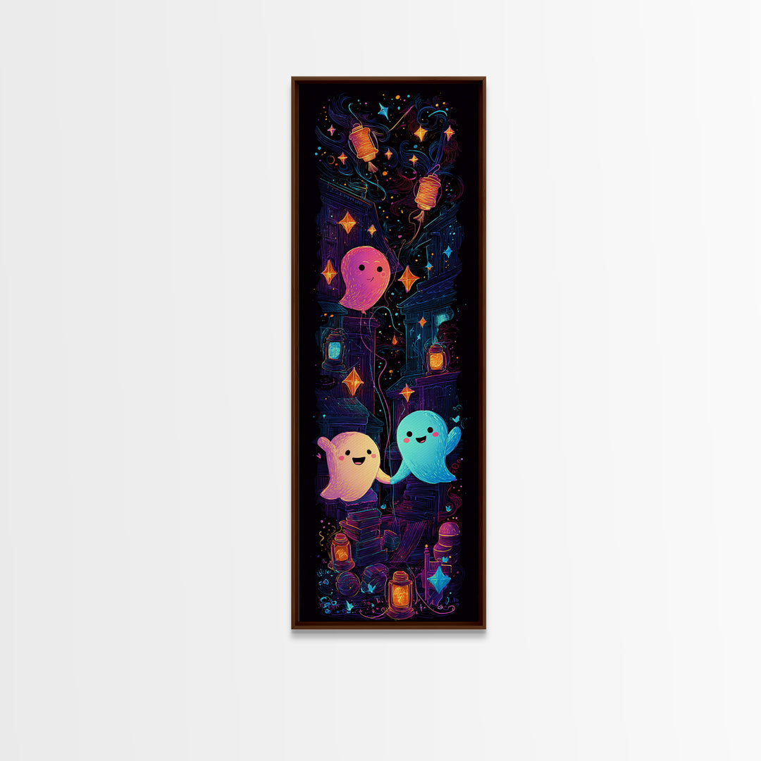 The Ghost Balloon Friend, 80s Halloween Wall Art, Tall Narrow Wall Art, Canvas Print, Retro Halloween Decor, Neon Wall Art