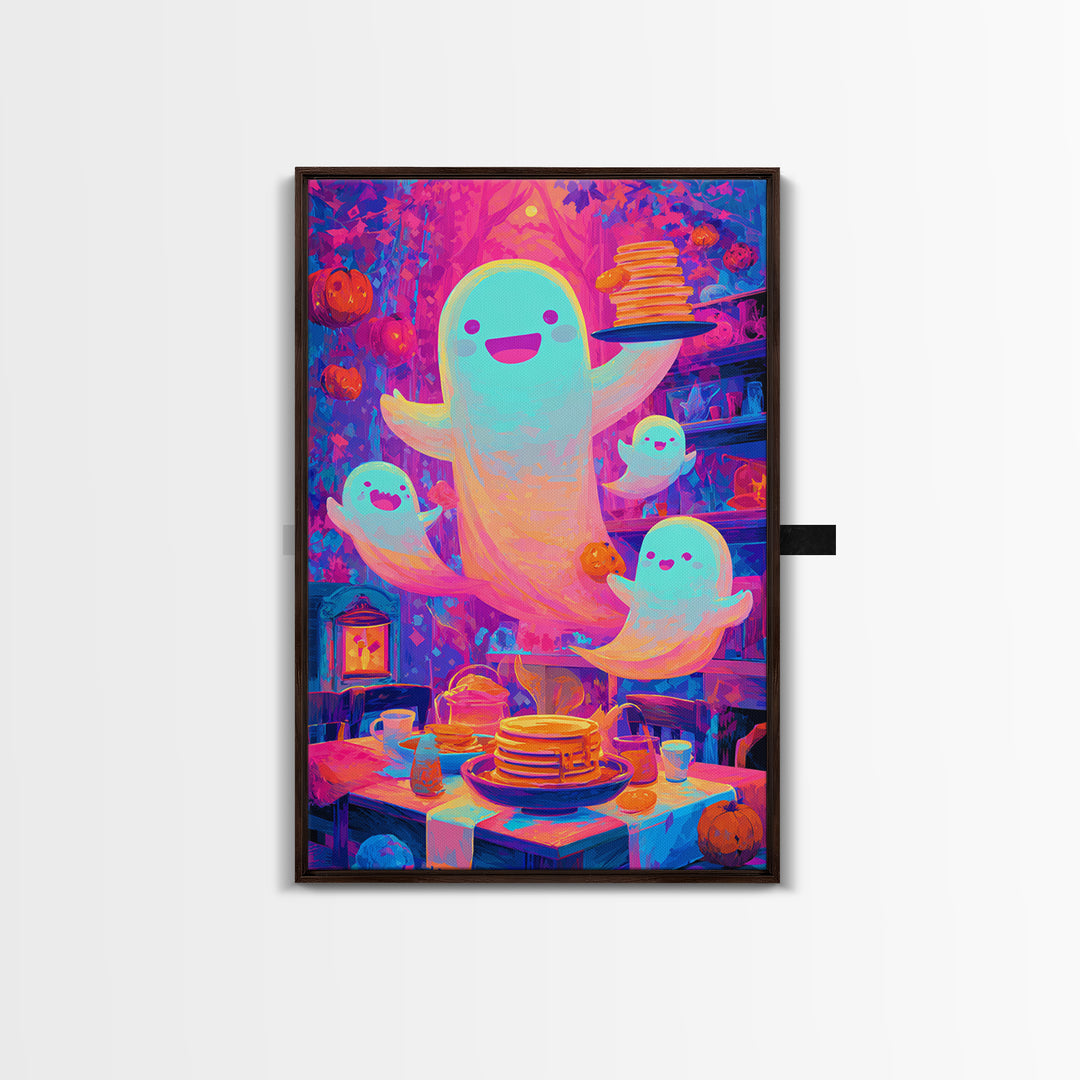 The Ghost Family Breakfast, Synthwave Halloween Art, Vertical Wall Art, Canvas Print, Retro Halloween Decor, Neon Wall Art
