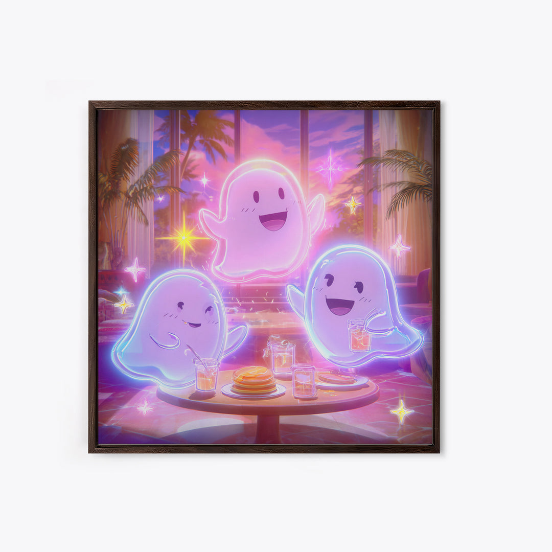 The Ghost Family Breakfast, Retro Neon Halloween Art, Square Wall Art, Framed Canvas Print, Retro Halloween Decor, Neon Wall Art