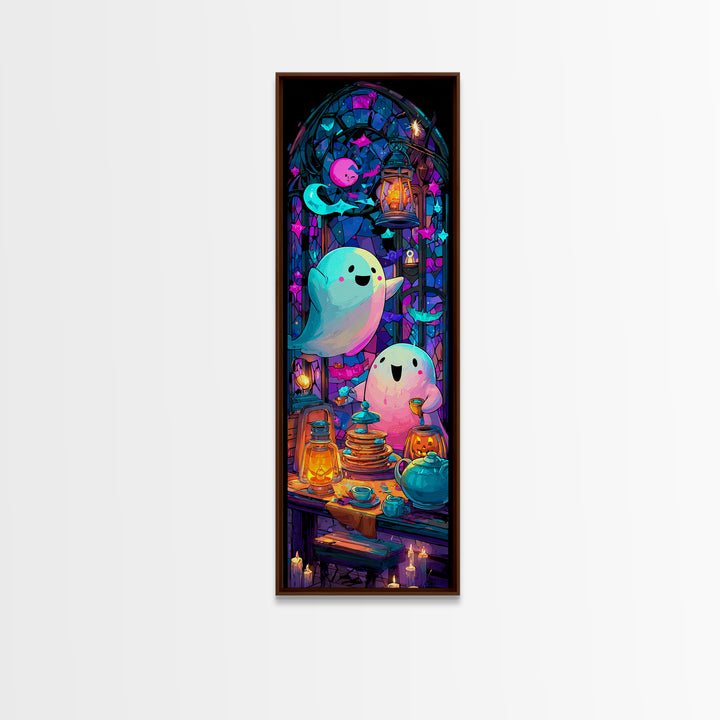 The Ghost Family Breakfast, Vaporwave Halloween Decor, Tall Narrow Wall Art, Canvas Print, Retro Halloween Decor, Neon Wall Art