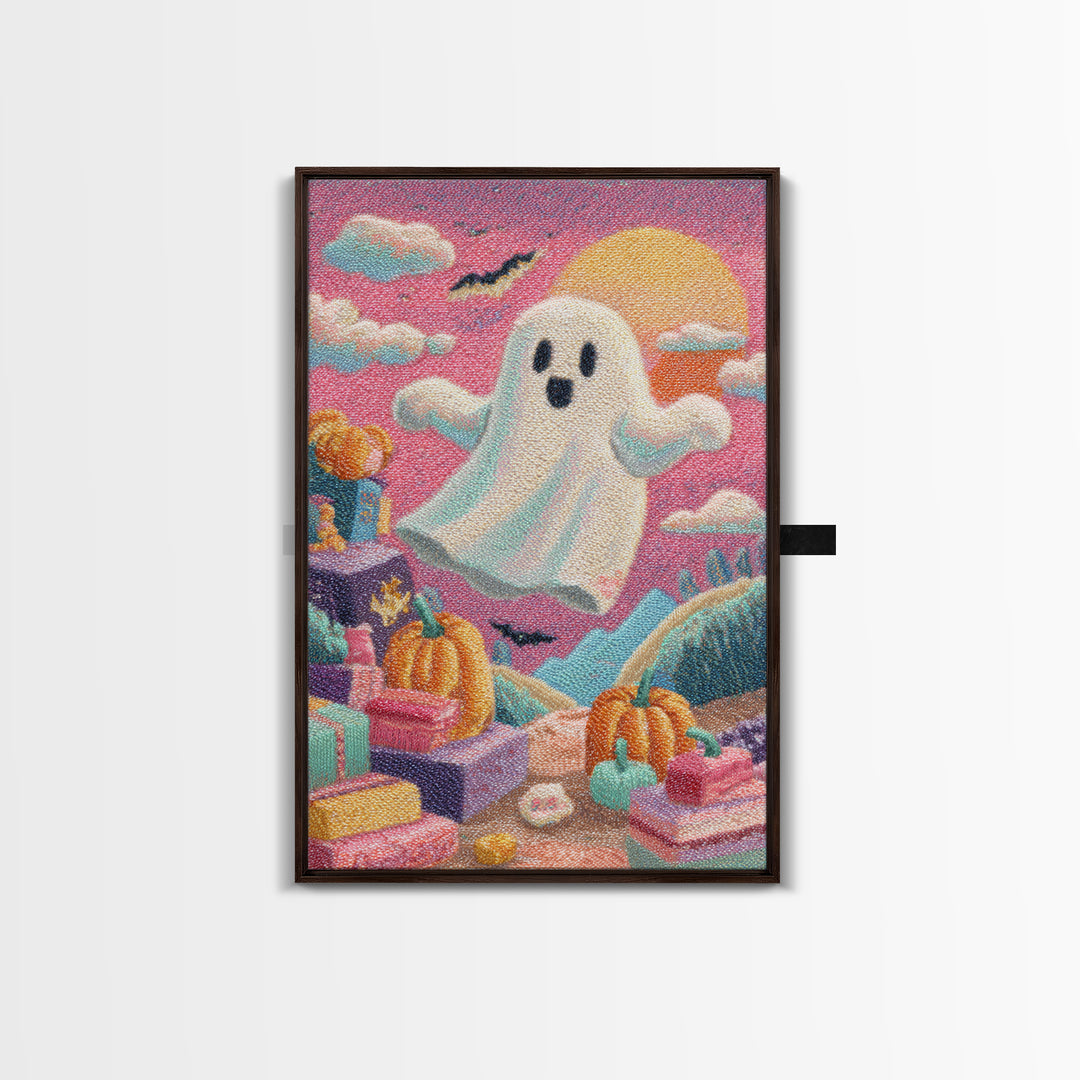 The Ghost Daycare, Retro Neon Halloween Art, Vertical Wall Art, Canvas Print, Retro Halloween Decor, Neon Wall Art, Statement Wall Art