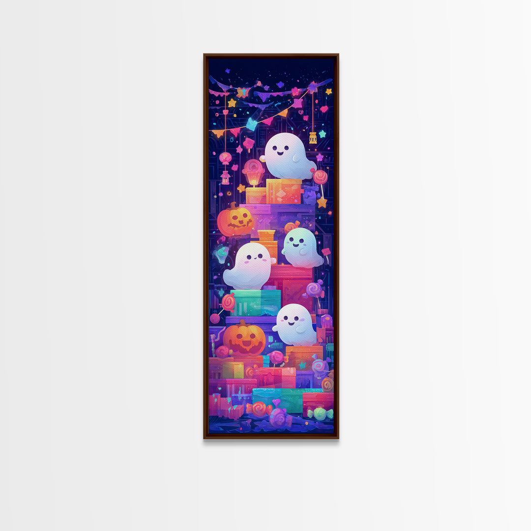 The Ghost Daycare, Retro Neon Halloween Art, Tall Narrow Wall Art, Framed Canvas Print, Retro Halloween Decor, Neon Wall Art