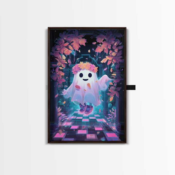 The Ghost With A Flower Crown, Retro Neon Halloween Art, Vertical Wall Art, Framed Canvas Print, Retro Halloween Decor, Neon Wall Art