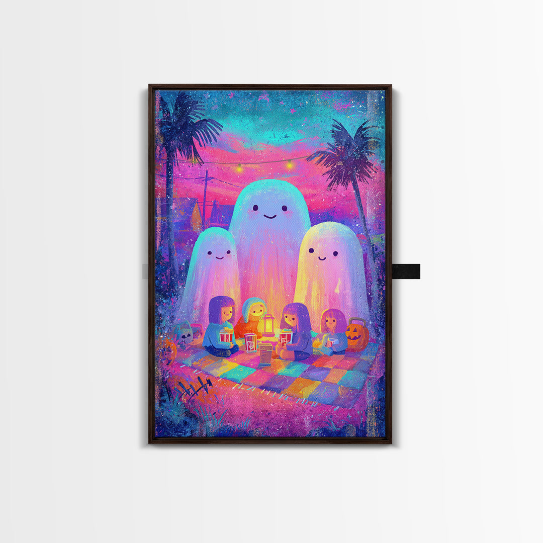 The Sleepy Blanket Ghost, Cute Spooky Neon Art, Vertical Wall Art, Canvas Print, Retro Halloween Decor, Neon Wall Art, Spooky Wall Decor