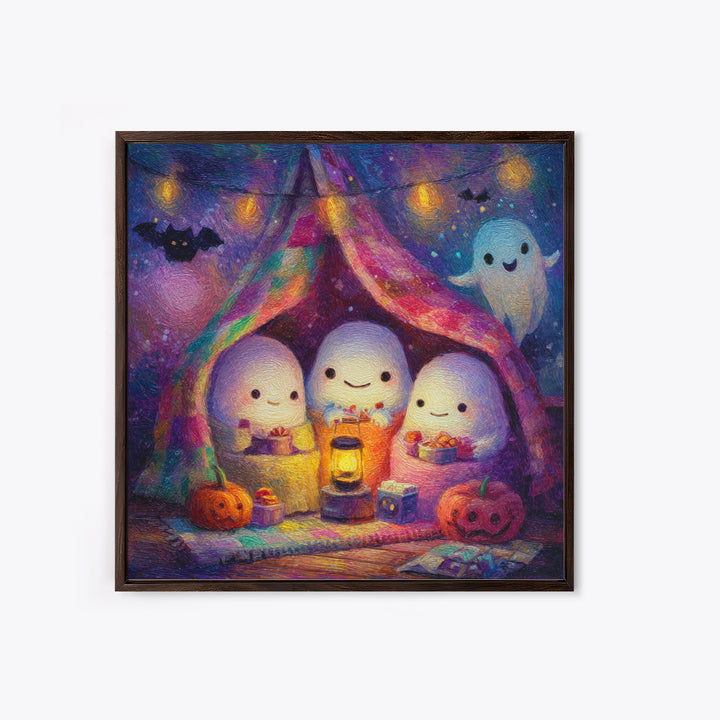 The Sleepy Blanket Ghost, Cute Spooky Neon Art, Square Wall Art, Canvas Print, Retro Halloween Decor, Neon Wall Art, Seasonal Home Decor