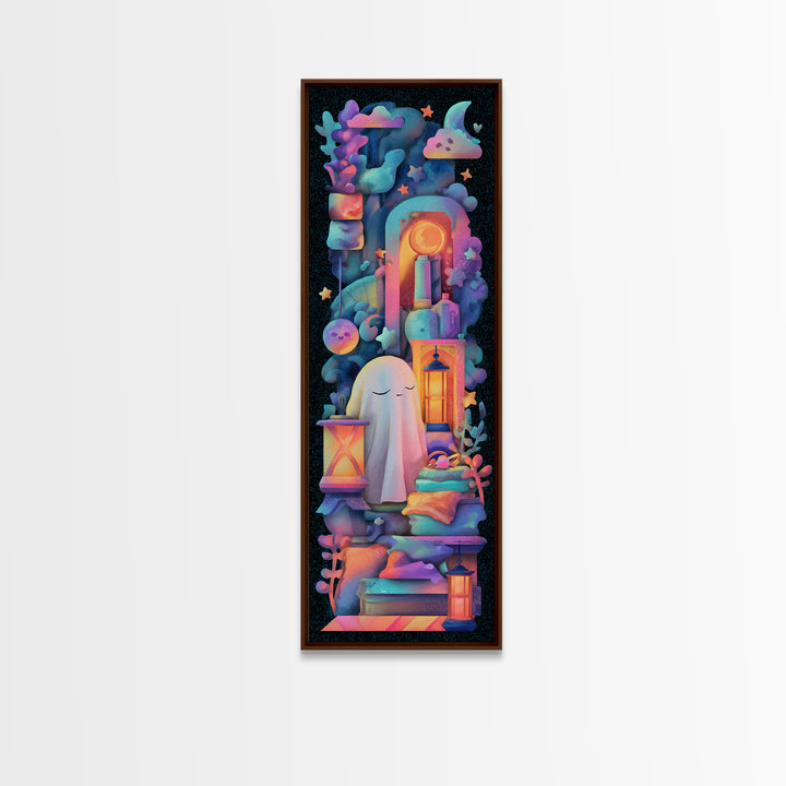 The Sleepy Blanket Ghost, Synthwave Halloween Art, Tall Narrow Wall Art, Canvas Print, Retro Halloween Decor, Neon Wall Art