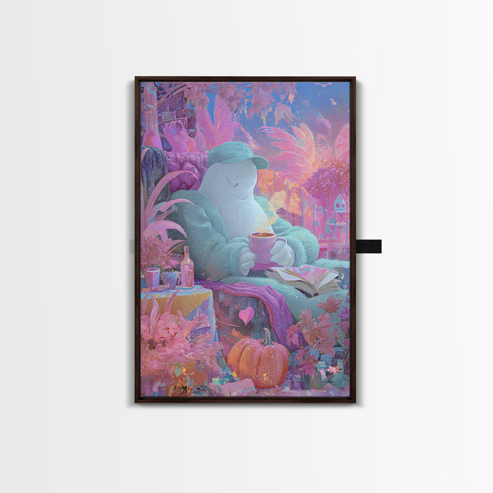 The Ghost Mail Carrier, 80s Halloween Wall Art, Vertical Wall Art, Framed Canvas Print, Retro Halloween Decor, Neon Wall Art