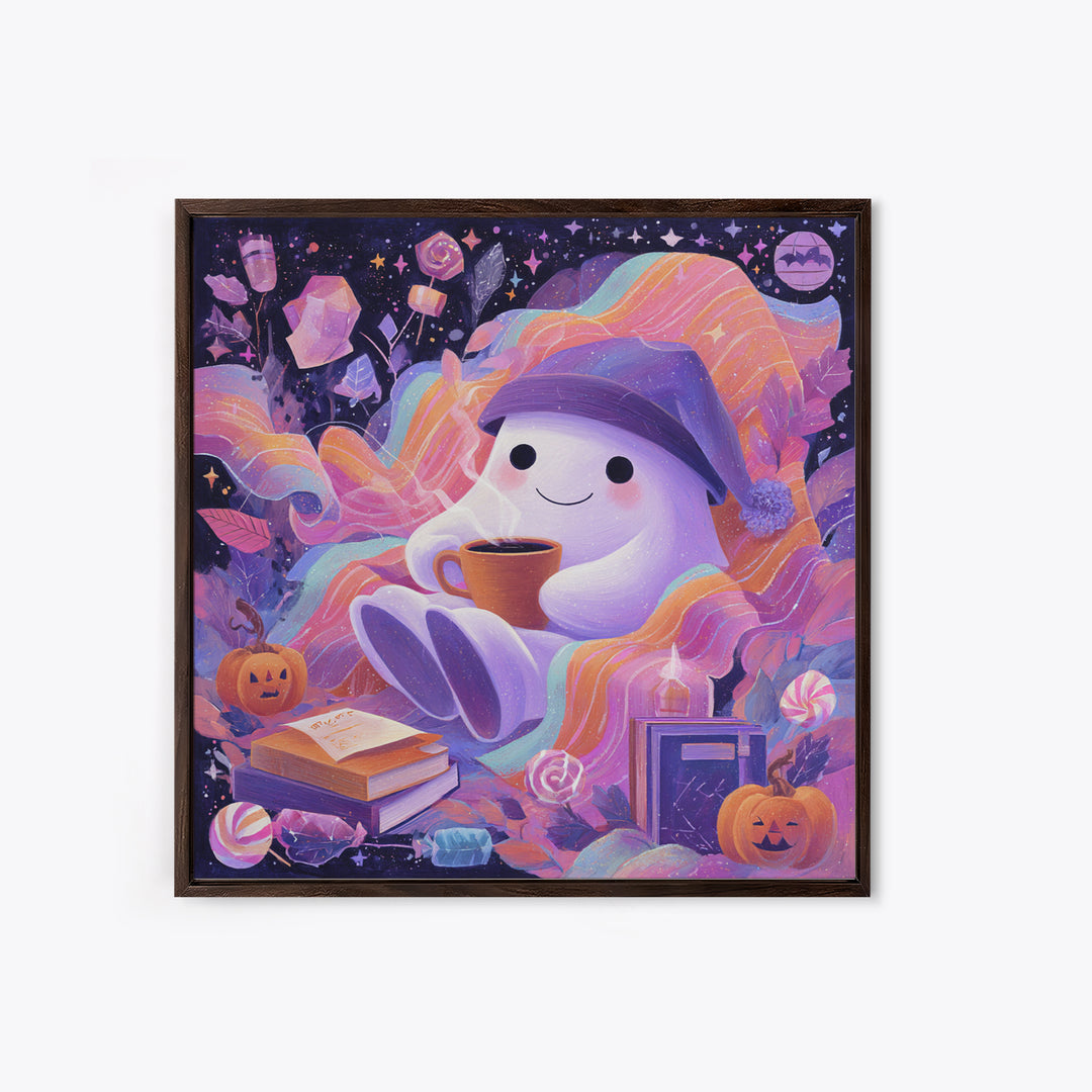 The Ghost Mail Carrier, Cute Spooky Neon Art, Square Wall Art, Framed Canvas Print, Retro Halloween Decor, Neon Wall Art