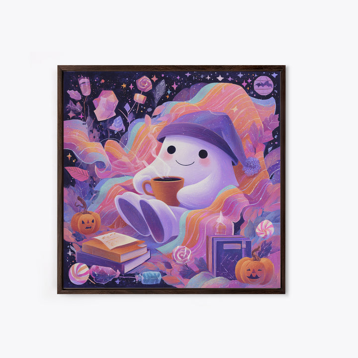The Ghost Mail Carrier, Cute Spooky Neon Art, Square Wall Art, Framed Canvas Print, Retro Halloween Decor, Neon Wall Art